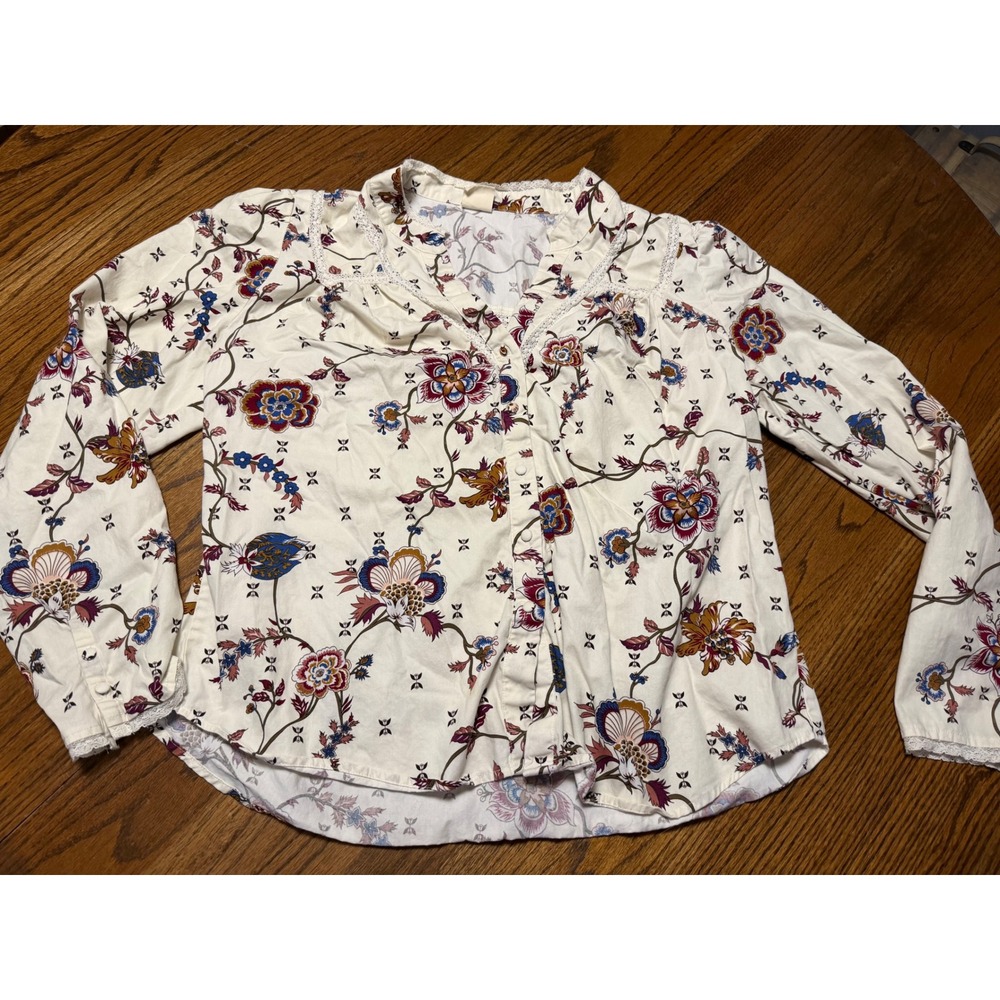 Good Hart Womens Floral Button Down Blouse Lace Trim Ivory Long Sleeve Top L